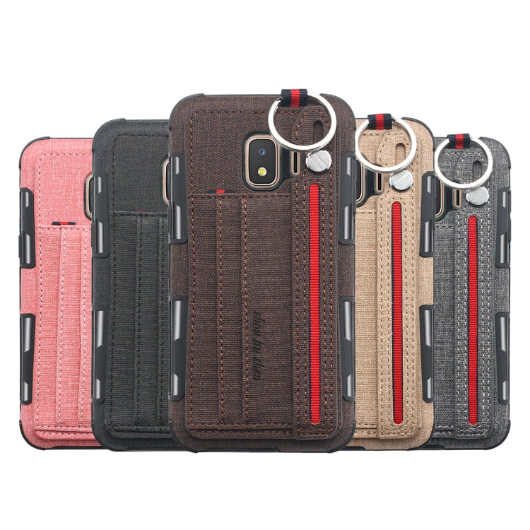 For Galaxy J2 Core Cloth Texture + TPU Shockproof Protective Case with Metal Ring & Holder & Card Slots & Hanging Strap