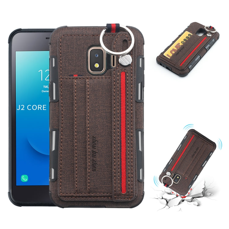For Galaxy J2 Core Cloth Texture + TPU Shockproof Protective Case with Metal Ring & Holder & Card Slots & Hanging Strap