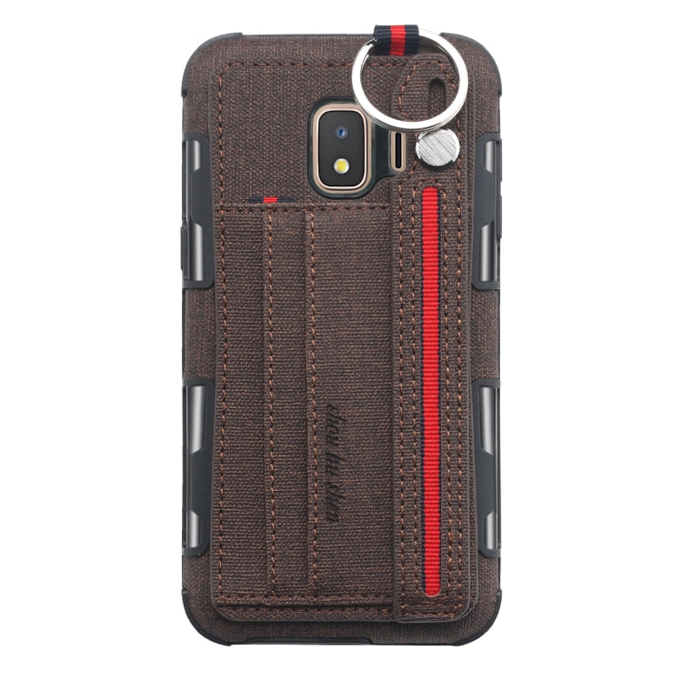 For Galaxy J2 Core Cloth Texture + TPU Shockproof Protective Case with Metal Ring & Holder & Card Slots & Hanging Strap