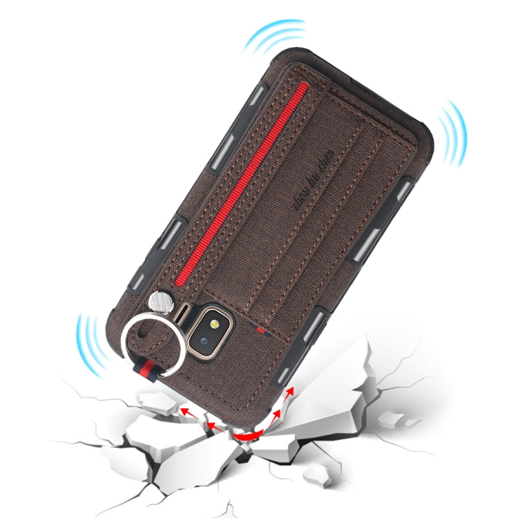 For Galaxy J2 Core Cloth Texture + TPU Shockproof Protective Case with Metal Ring & Holder & Card Slots & Hanging Strap