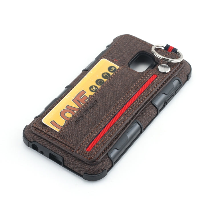 For Galaxy J2 Core Cloth Texture + TPU Shockproof Protective Case with Metal Ring & Holder & Card Slots & Hanging Strap