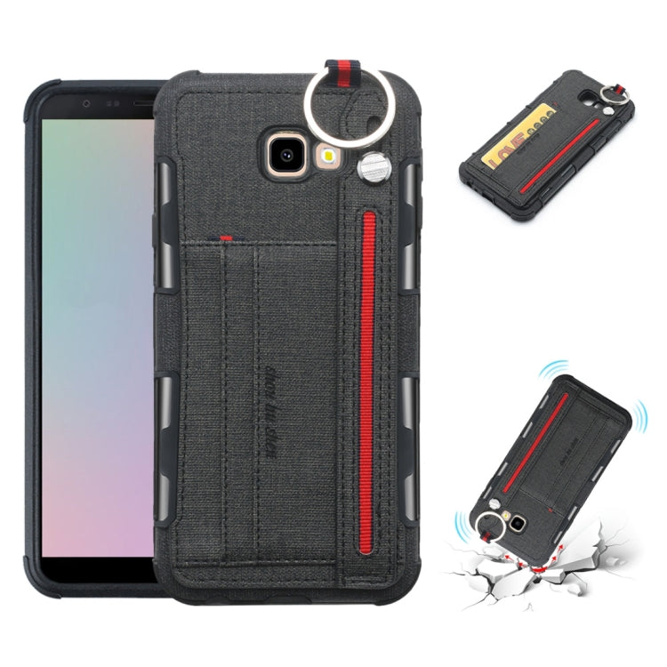 For Galaxy J4+ Cloth Texture + TPU Shockproof Protective Case with Metal Ring & Holder & Card Slots & Hanging Strap