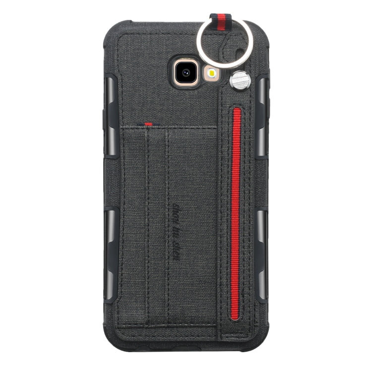 For Galaxy J4+ Cloth Texture + TPU Shockproof Protective Case with Metal Ring & Holder & Card Slots & Hanging Strap