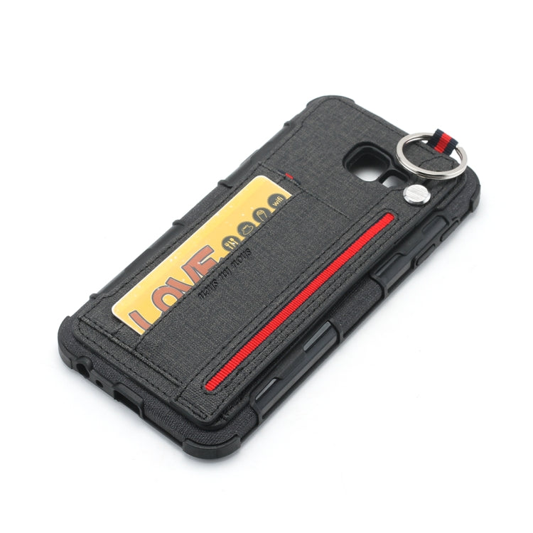For Galaxy J4+ Cloth Texture + TPU Shockproof Protective Case with Metal Ring & Holder & Card Slots & Hanging Strap
