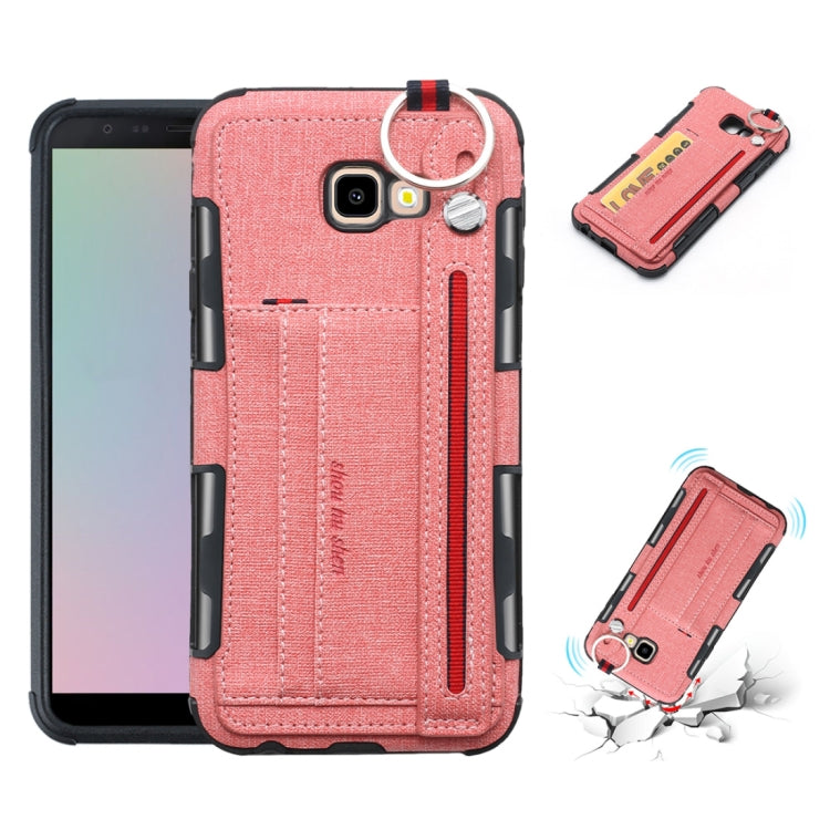 For Galaxy J4+ Cloth Texture + TPU Shockproof Protective Case with Metal Ring & Holder & Card Slots & Hanging Strap