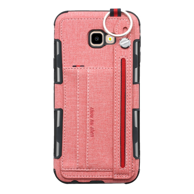 For Galaxy J4+ Cloth Texture + TPU Shockproof Protective Case with Metal Ring & Holder & Card Slots & Hanging Strap
