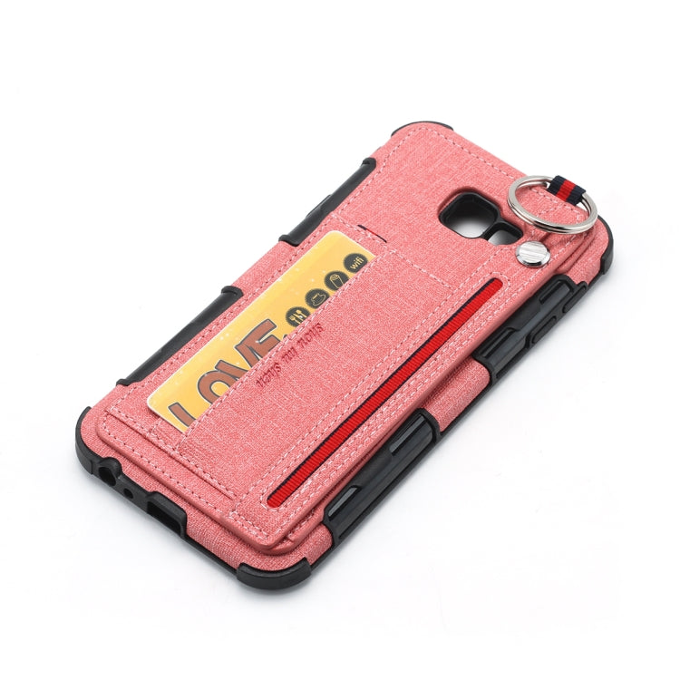 For Galaxy J4+ Cloth Texture + TPU Shockproof Protective Case with Metal Ring & Holder & Card Slots & Hanging Strap