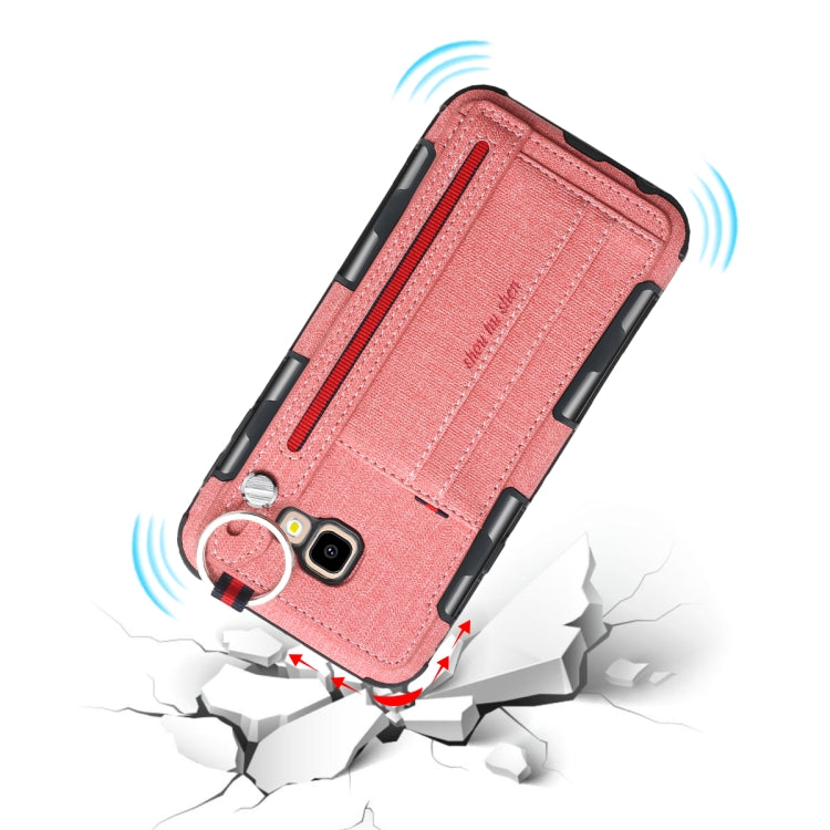 For Galaxy J4+ Cloth Texture + TPU Shockproof Protective Case with Metal Ring & Holder & Card Slots & Hanging Strap
