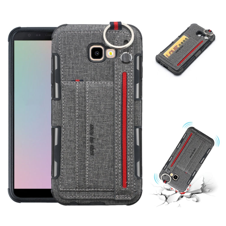 For Galaxy J4+ Cloth Texture + TPU Shockproof Protective Case with Metal Ring & Holder & Card Slots & Hanging Strap