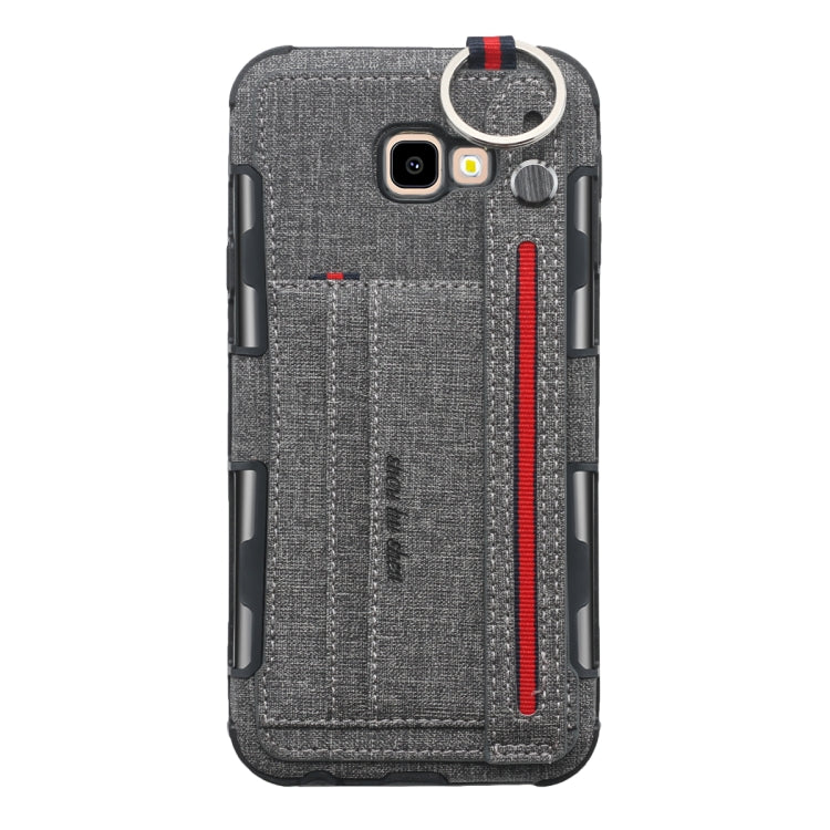 For Galaxy J4+ Cloth Texture + TPU Shockproof Protective Case with Metal Ring & Holder & Card Slots & Hanging Strap