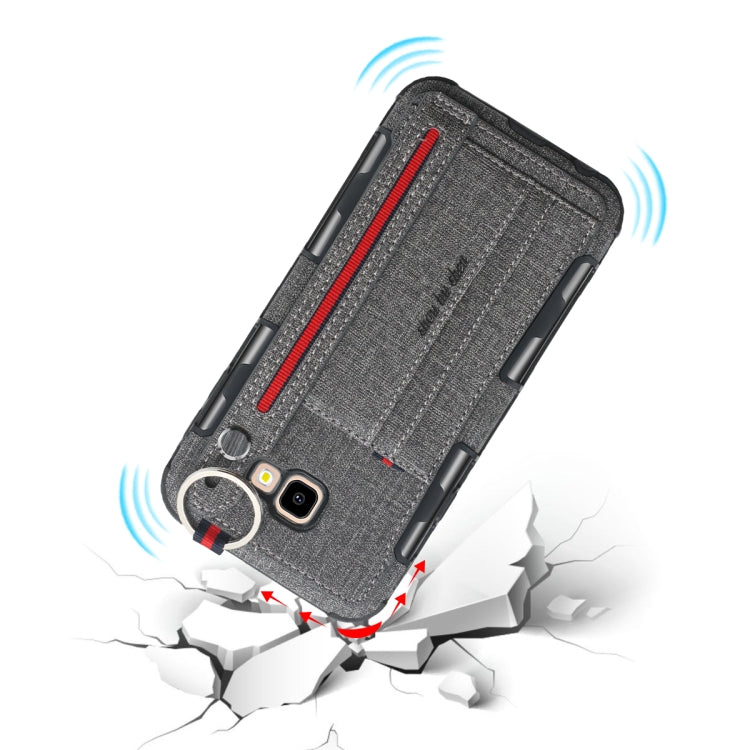 For Galaxy J4+ Cloth Texture + TPU Shockproof Protective Case with Metal Ring & Holder & Card Slots & Hanging Strap