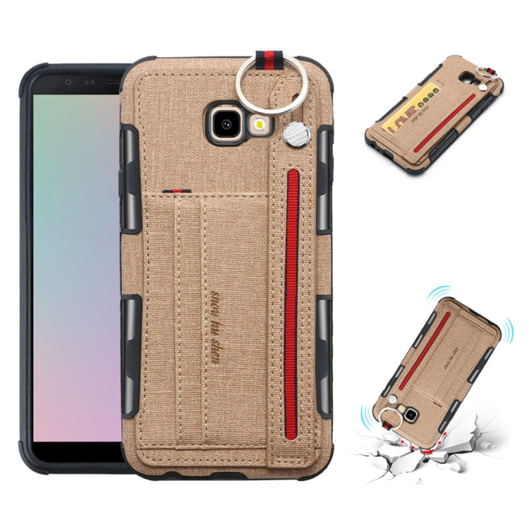For Galaxy J4+ Cloth Texture + TPU Shockproof Protective Case with Metal Ring & Holder & Card Slots & Hanging Strap