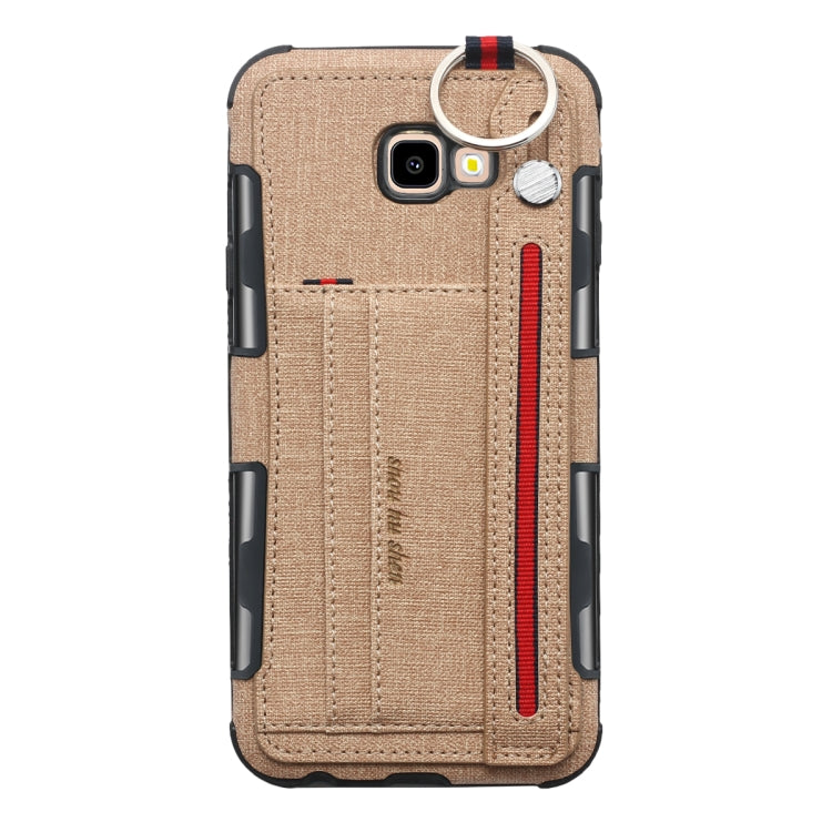 For Galaxy J4+ Cloth Texture + TPU Shockproof Protective Case with Metal Ring & Holder & Card Slots & Hanging Strap