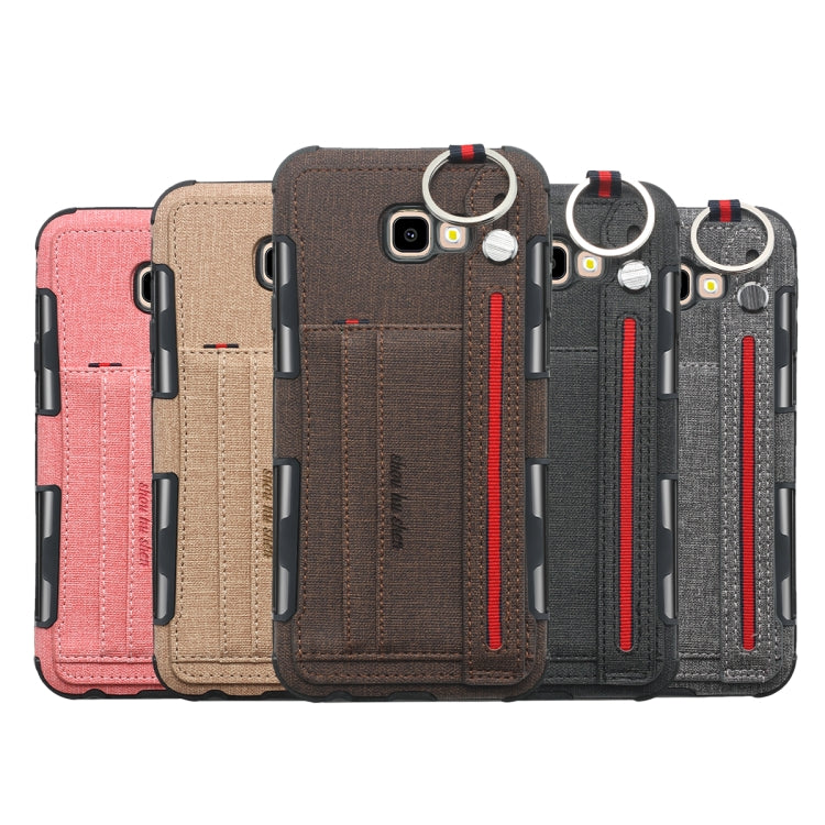For Galaxy J4+ Cloth Texture + TPU Shockproof Protective Case with Metal Ring & Holder & Card Slots & Hanging Strap