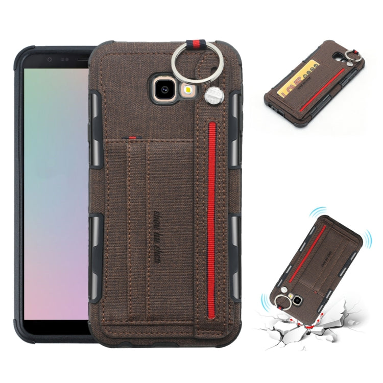 For Galaxy J4+ Cloth Texture + TPU Shockproof Protective Case with Metal Ring & Holder & Card Slots & Hanging Strap
