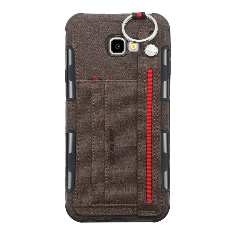 For Galaxy J4+ Cloth Texture + TPU Shockproof Protective Case with Metal Ring & Holder & Card Slots & Hanging Strap