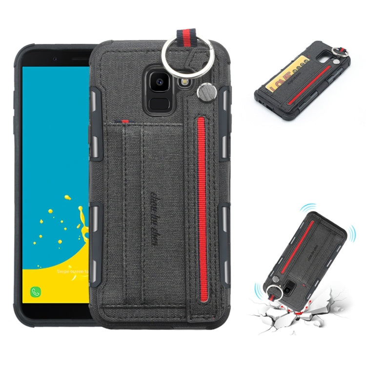 For Galaxy J6 (2018) Cloth Texture + TPU Shockproof Protective Case with Metal Ring & Holder & Card Slots & Hanging Strap