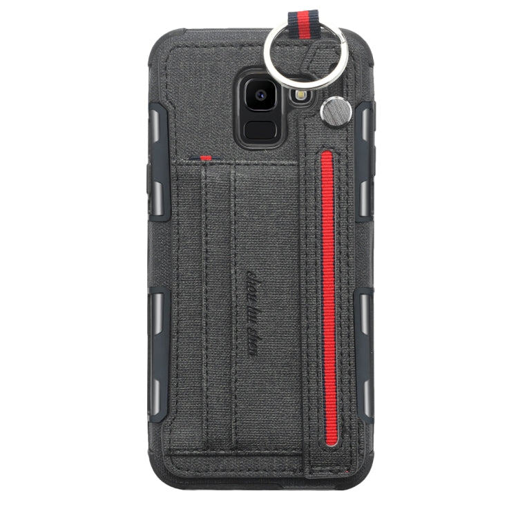 For Galaxy J6 (2018) Cloth Texture + TPU Shockproof Protective Case with Metal Ring & Holder & Card Slots & Hanging Strap