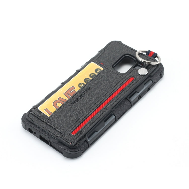 For Galaxy J6 (2018) Cloth Texture + TPU Shockproof Protective Case with Metal Ring & Holder & Card Slots & Hanging Strap