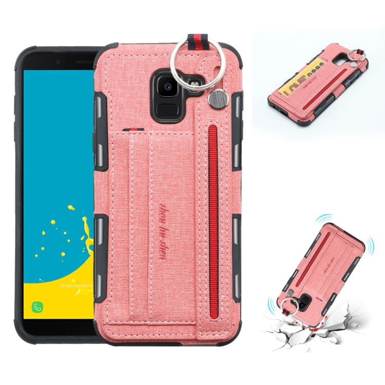 For Galaxy J6 (2018) Cloth Texture + TPU Shockproof Protective Case with Metal Ring & Holder & Card Slots & Hanging Strap