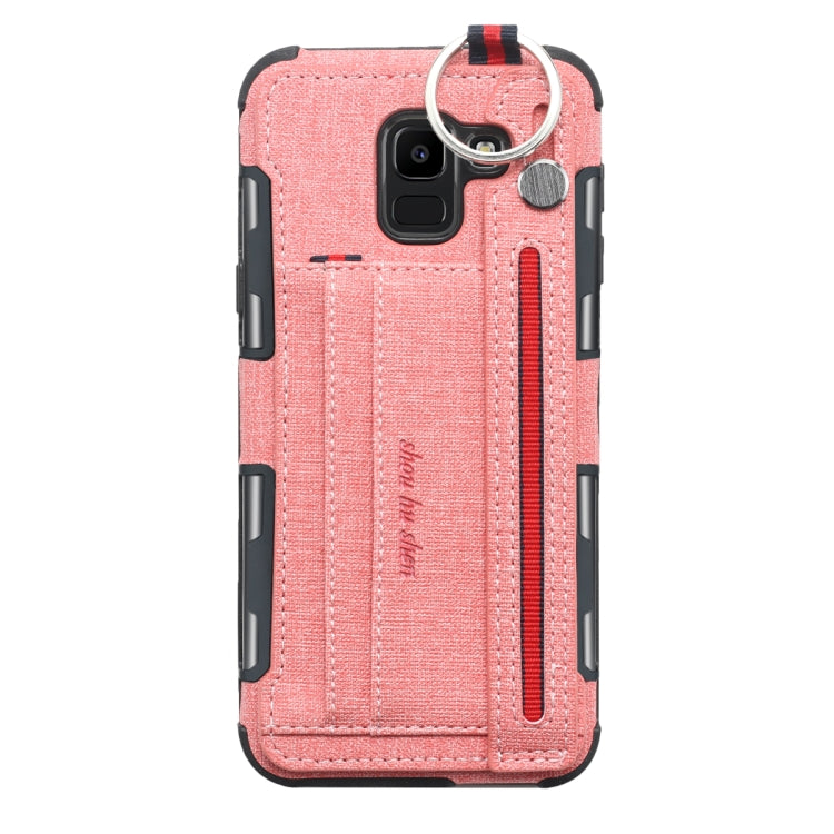 For Galaxy J6 (2018) Cloth Texture + TPU Shockproof Protective Case with Metal Ring & Holder & Card Slots & Hanging Strap