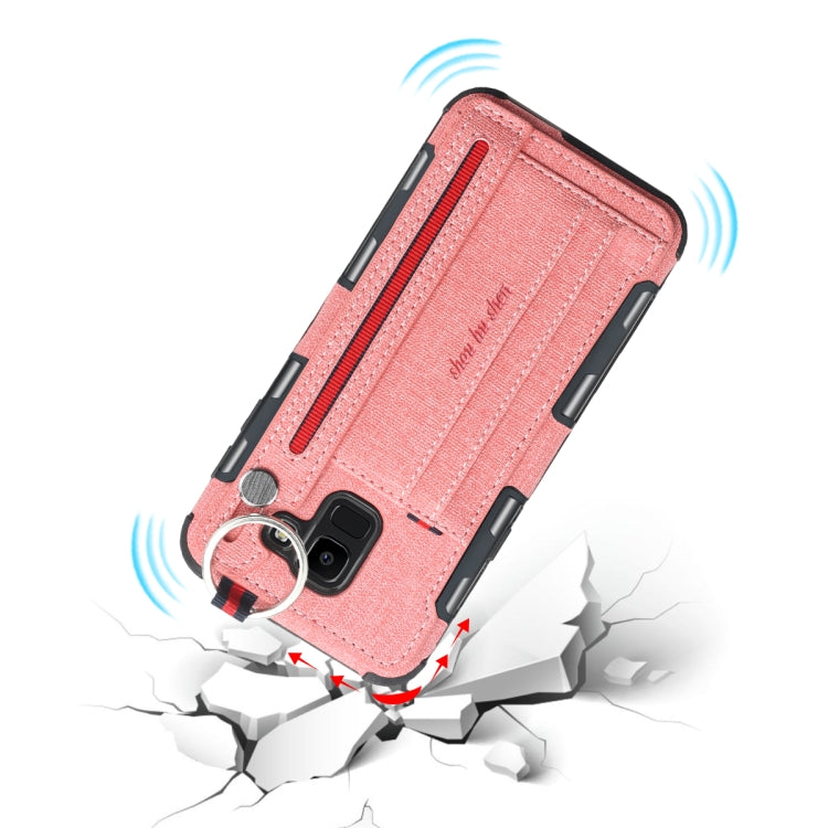 For Galaxy J6 (2018) Cloth Texture + TPU Shockproof Protective Case with Metal Ring & Holder & Card Slots & Hanging Strap