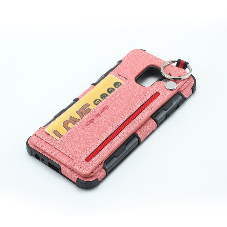 For Galaxy J6 (2018) Cloth Texture + TPU Shockproof Protective Case with Metal Ring & Holder & Card Slots & Hanging Strap