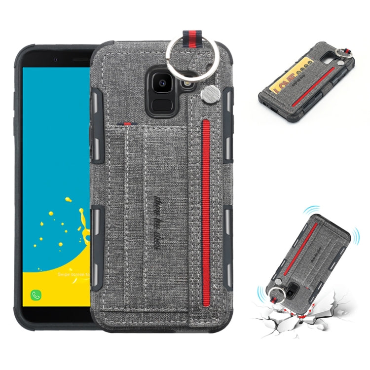 For Galaxy J6 (2018) Cloth Texture + TPU Shockproof Protective Case with Metal Ring & Holder & Card Slots & Hanging Strap