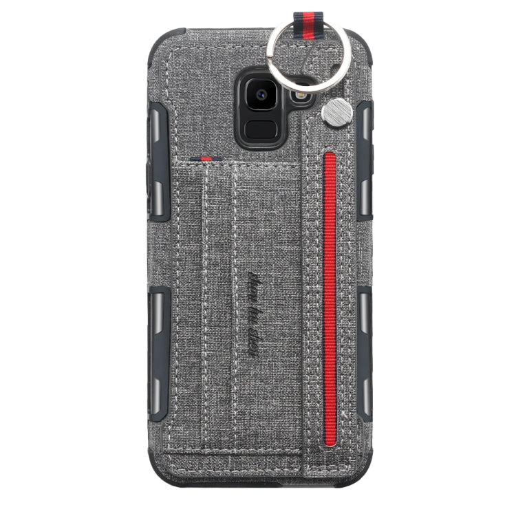 For Galaxy J6 (2018) Cloth Texture + TPU Shockproof Protective Case with Metal Ring & Holder & Card Slots & Hanging Strap