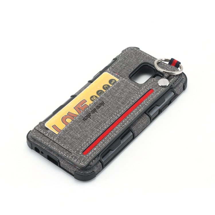 For Galaxy J6 (2018) Cloth Texture + TPU Shockproof Protective Case with Metal Ring & Holder & Card Slots & Hanging Strap