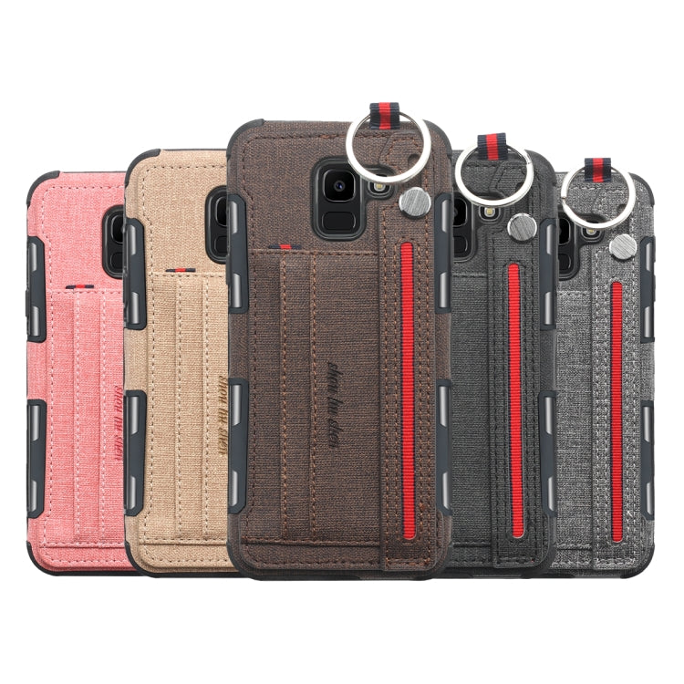 For Galaxy J6 (2018) Cloth Texture + TPU Shockproof Protective Case with Metal Ring & Holder & Card Slots & Hanging Strap