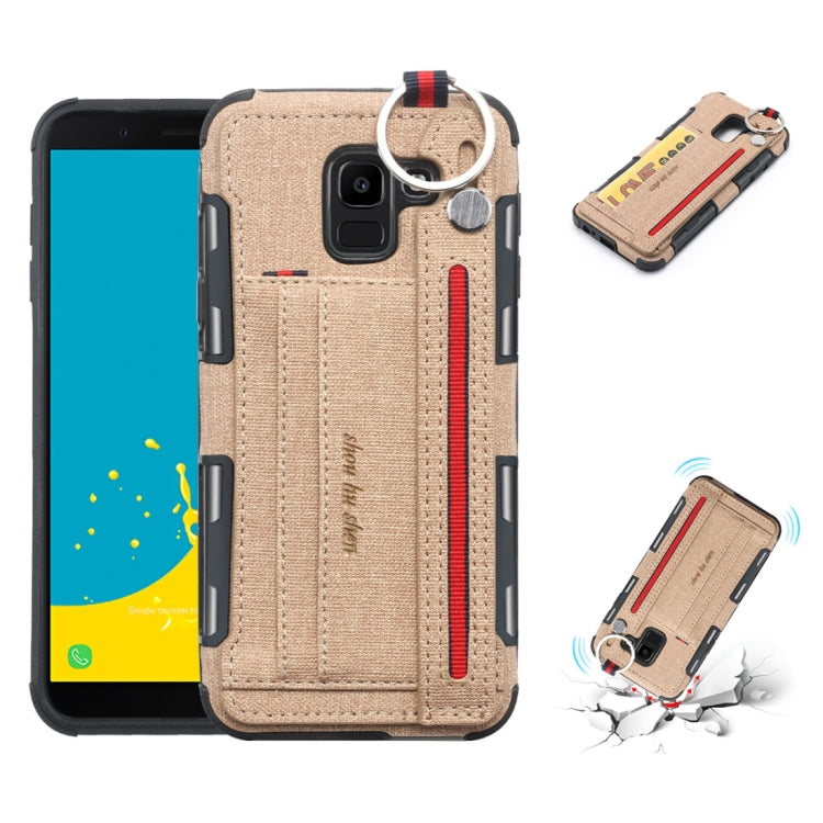 For Galaxy J6 (2018) Cloth Texture + TPU Shockproof Protective Case with Metal Ring & Holder & Card Slots & Hanging Strap