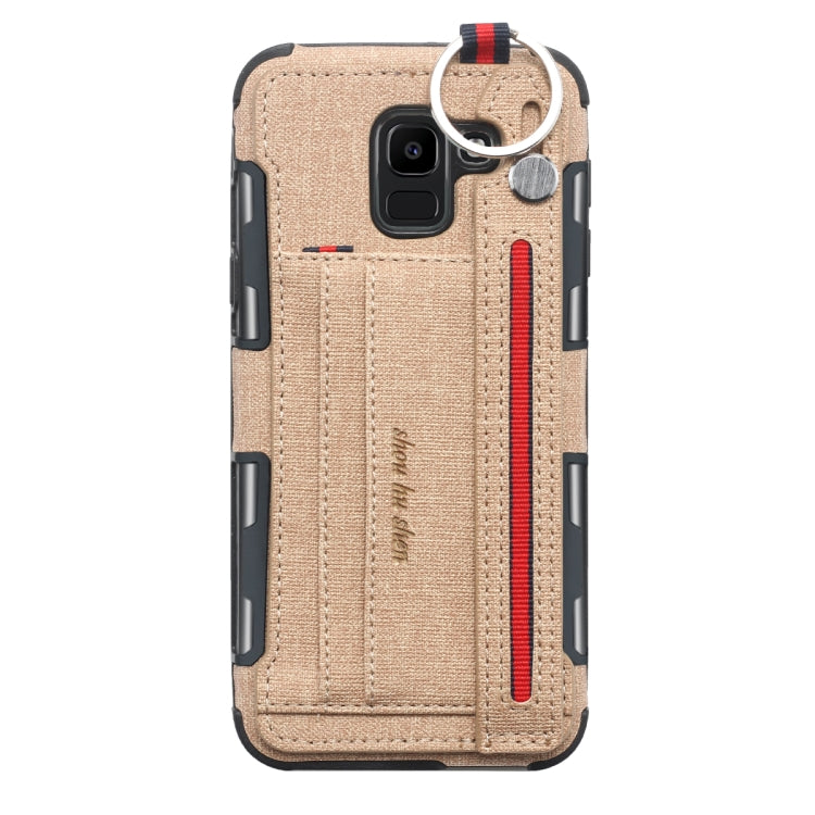 For Galaxy J6 (2018) Cloth Texture + TPU Shockproof Protective Case with Metal Ring & Holder & Card Slots & Hanging Strap