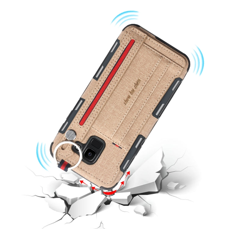 For Galaxy J6 (2018) Cloth Texture + TPU Shockproof Protective Case with Metal Ring & Holder & Card Slots & Hanging Strap