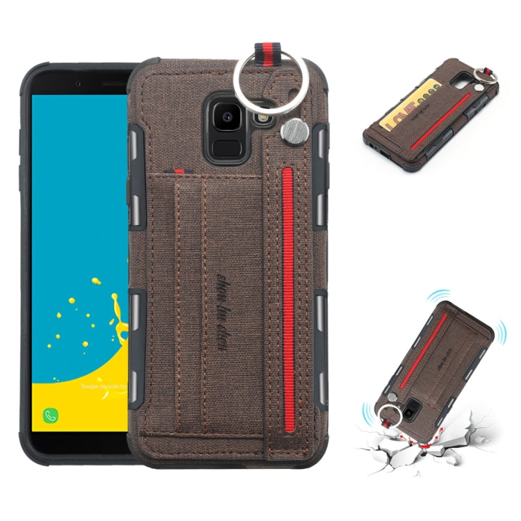 For Galaxy J6 (2018) Cloth Texture + TPU Shockproof Protective Case with Metal Ring & Holder & Card Slots & Hanging Strap