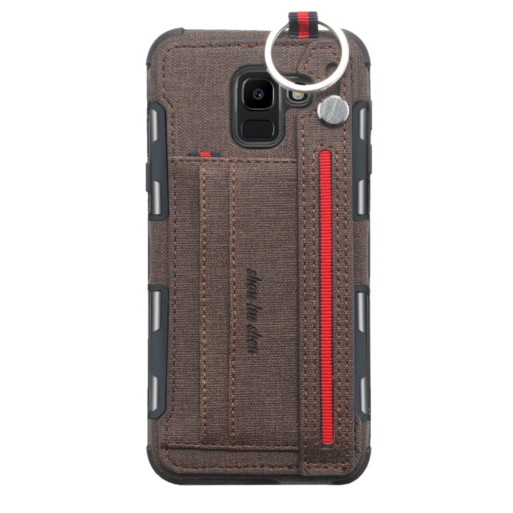 For Galaxy J6 (2018) Cloth Texture + TPU Shockproof Protective Case with Metal Ring & Holder & Card Slots & Hanging Strap