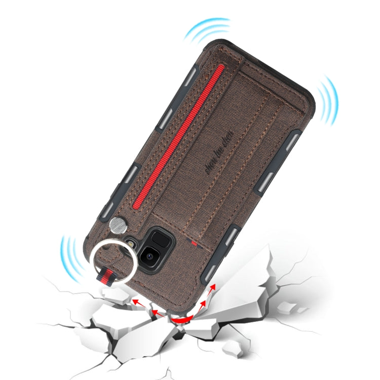 For Galaxy J6 (2018) Cloth Texture + TPU Shockproof Protective Case with Metal Ring & Holder & Card Slots & Hanging Strap