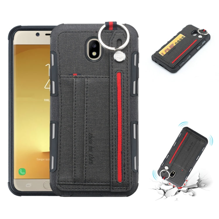 For Galaxy J7 (2017) Cloth Texture + TPU Shockproof Protective Case with Metal Ring & Holder & Card Slots & Hanging Strap