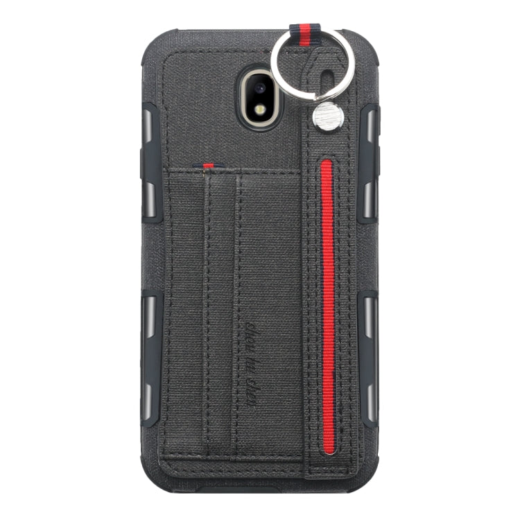 For Galaxy J7 (2017) Cloth Texture + TPU Shockproof Protective Case with Metal Ring & Holder & Card Slots & Hanging Strap