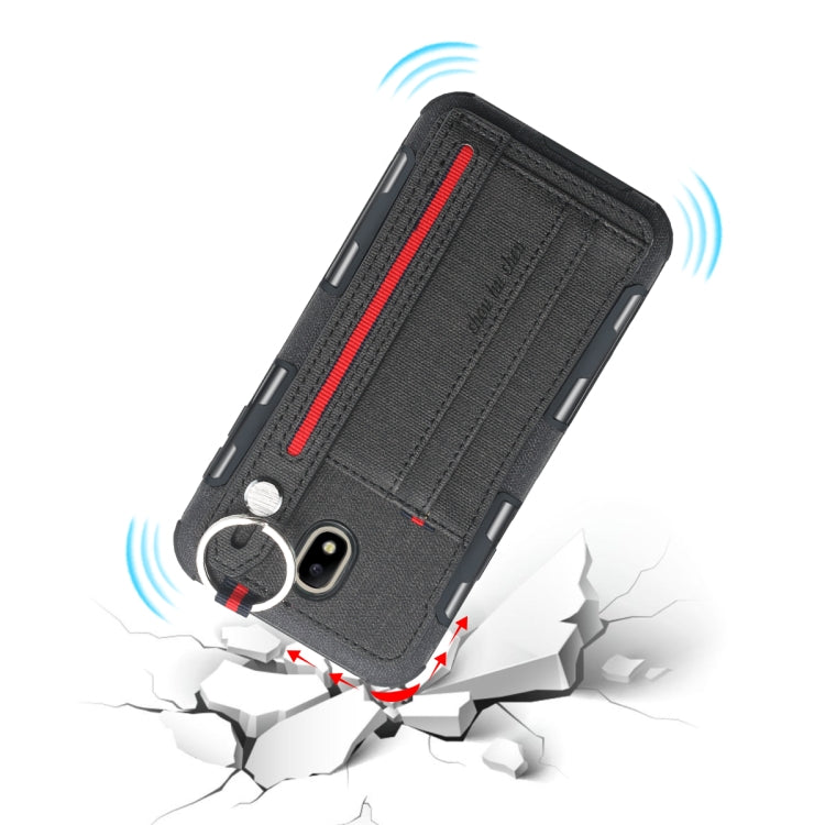 For Galaxy J7 (2017) Cloth Texture + TPU Shockproof Protective Case with Metal Ring & Holder & Card Slots & Hanging Strap