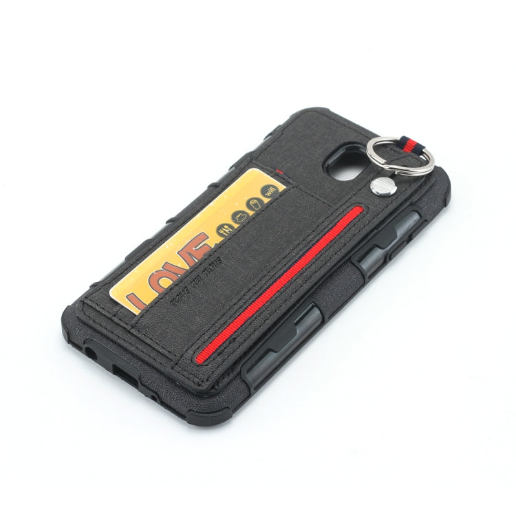 For Galaxy J7 (2017) Cloth Texture + TPU Shockproof Protective Case with Metal Ring & Holder & Card Slots & Hanging Strap