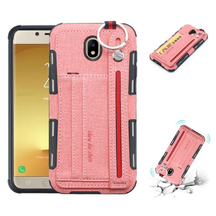 For Galaxy J7 (2017) Cloth Texture + TPU Shockproof Protective Case with Metal Ring & Holder & Card Slots & Hanging Strap