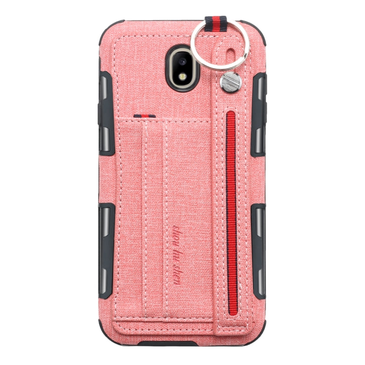 For Galaxy J7 (2017) Cloth Texture + TPU Shockproof Protective Case with Metal Ring & Holder & Card Slots & Hanging Strap