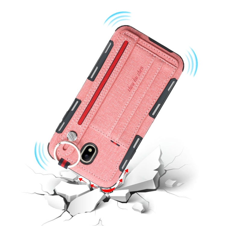 For Galaxy J7 (2017) Cloth Texture + TPU Shockproof Protective Case with Metal Ring & Holder & Card Slots & Hanging Strap