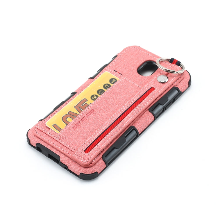 For Galaxy J7 (2017) Cloth Texture + TPU Shockproof Protective Case with Metal Ring & Holder & Card Slots & Hanging Strap