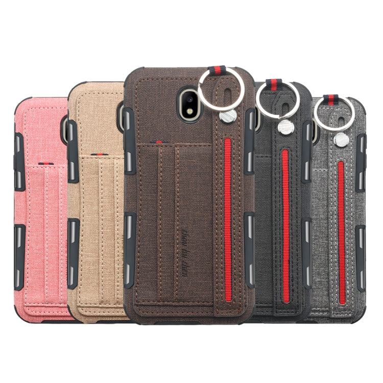 For Galaxy J7 (2017) Cloth Texture + TPU Shockproof Protective Case with Metal Ring & Holder & Card Slots & Hanging Strap