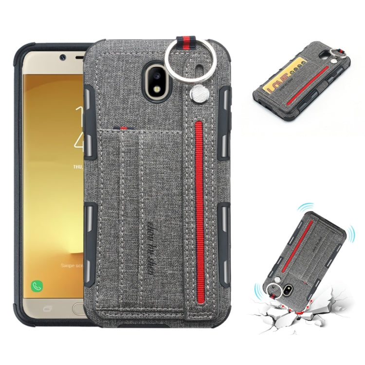 For Galaxy J7 (2017) Cloth Texture + TPU Shockproof Protective Case with Metal Ring & Holder & Card Slots & Hanging Strap