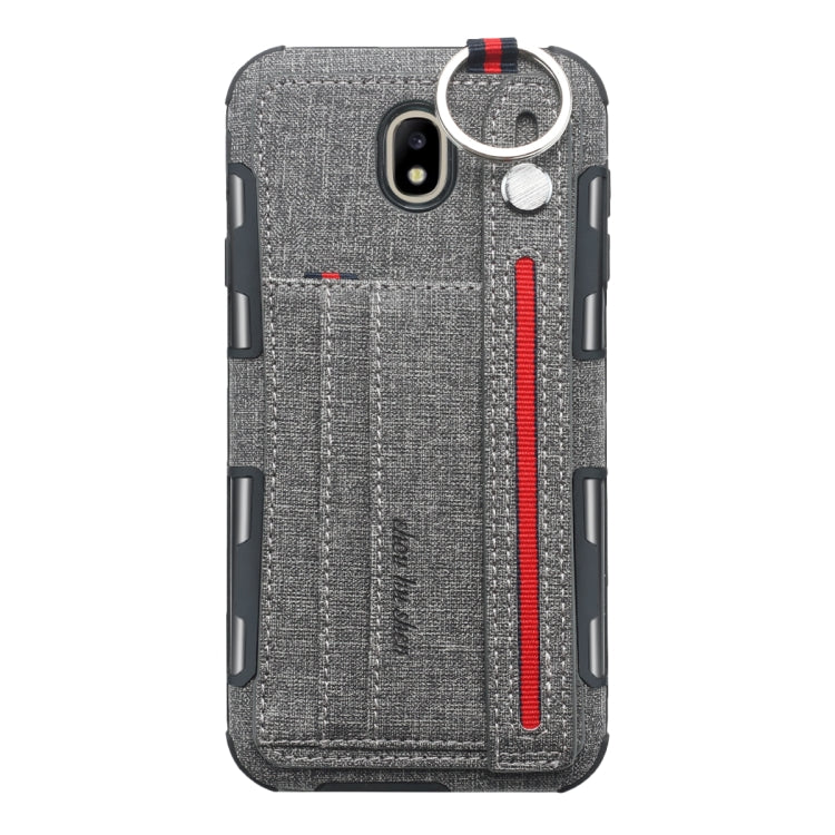 For Galaxy J7 (2017) Cloth Texture + TPU Shockproof Protective Case with Metal Ring & Holder & Card Slots & Hanging Strap