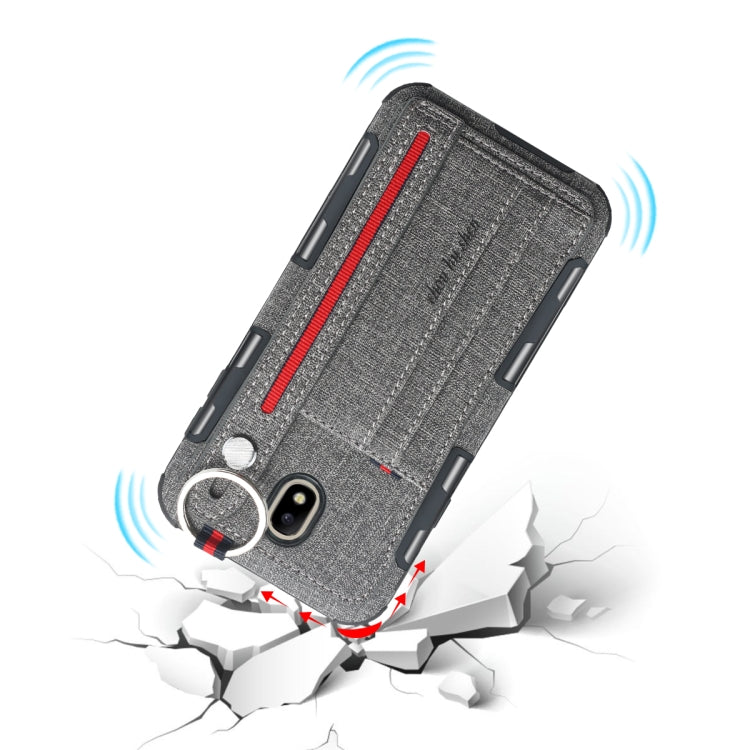 For Galaxy J7 (2017) Cloth Texture + TPU Shockproof Protective Case with Metal Ring & Holder & Card Slots & Hanging Strap