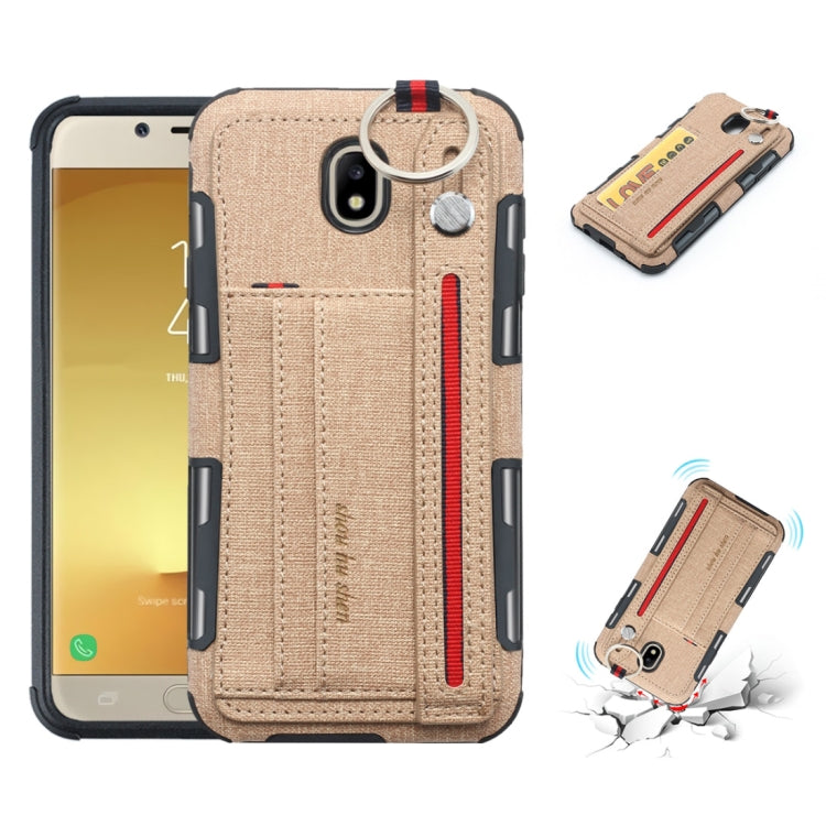 For Galaxy J7 (2017) Cloth Texture + TPU Shockproof Protective Case with Metal Ring & Holder & Card Slots & Hanging Strap
